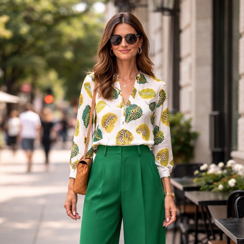 Herzens Angelegenheit Leaf Print Split Neck Silk Blouse NWT Size Medium